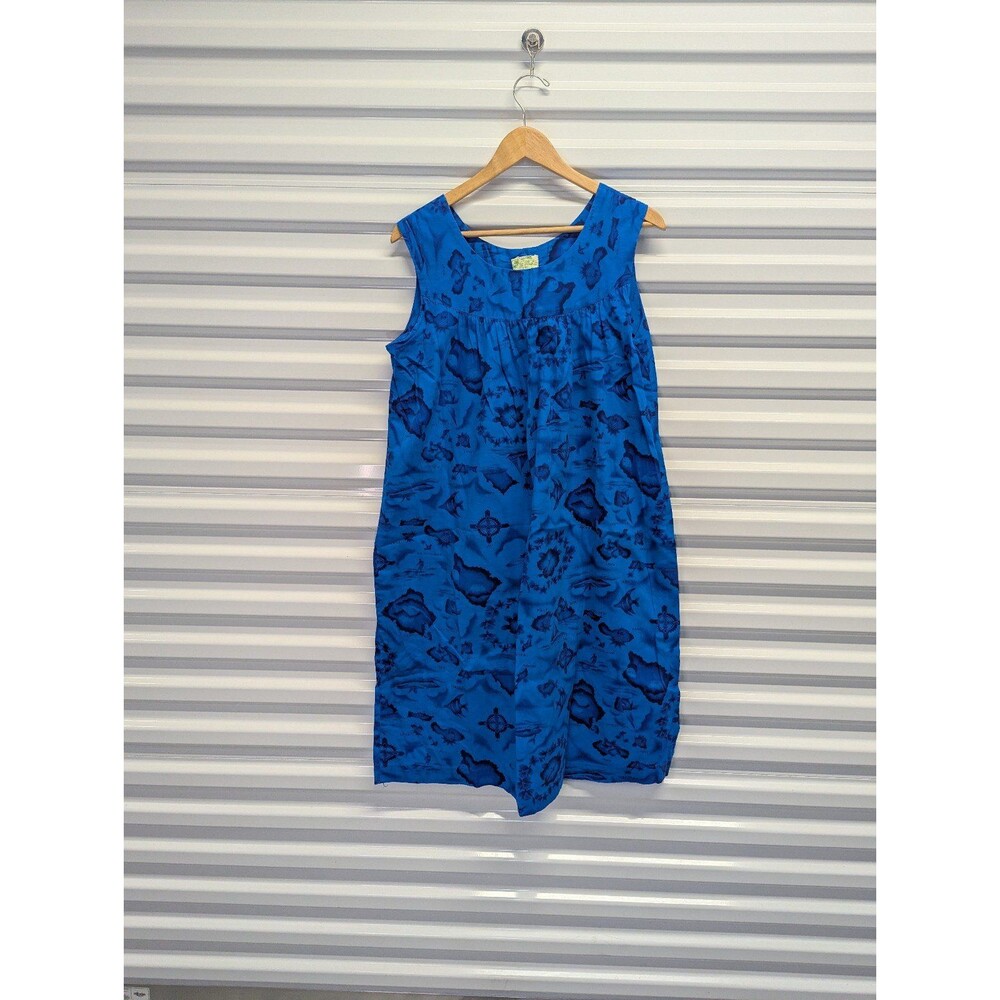 Vintage Ui-Maikai Blue Hawaiian Print Dress Muumuu 100% Cotton Grandmacore